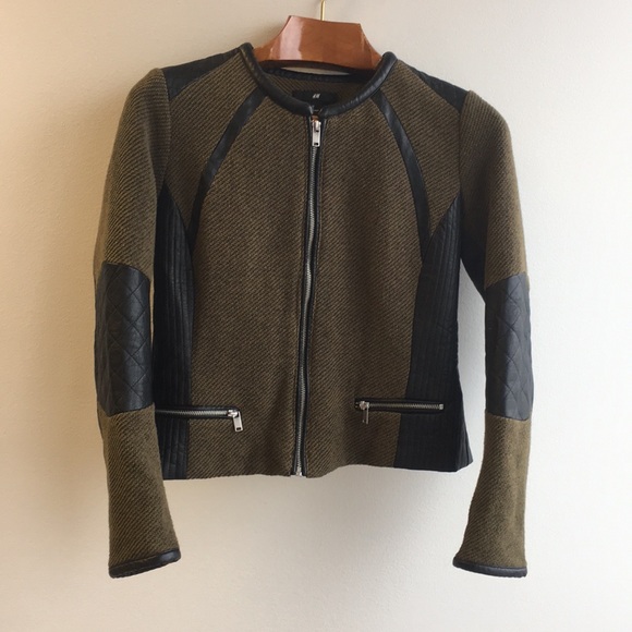 H&M Jackets & Blazers - H&M Military Green Tweed & Leather Trim Jacket